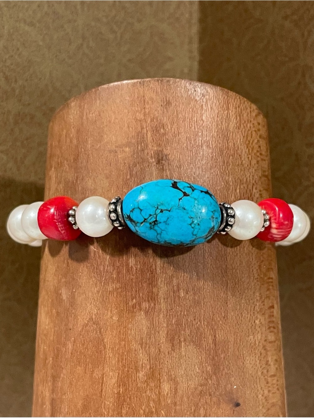Turquoise, Coral, Pearl and SS Bracelet
